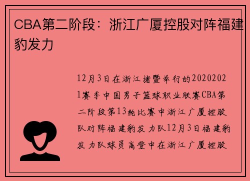 CBA第二阶段：浙江广厦控股对阵福建豹发力